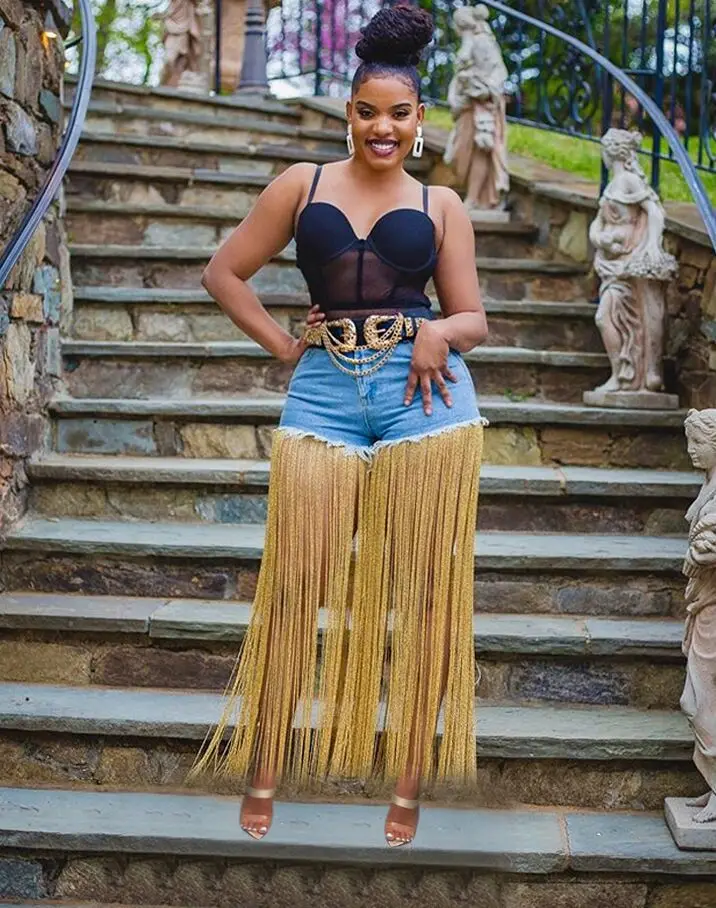 

3D Pockets High Stretchable Popular Fashion Long Tassel High Waist Women Jeans Denim Shorts