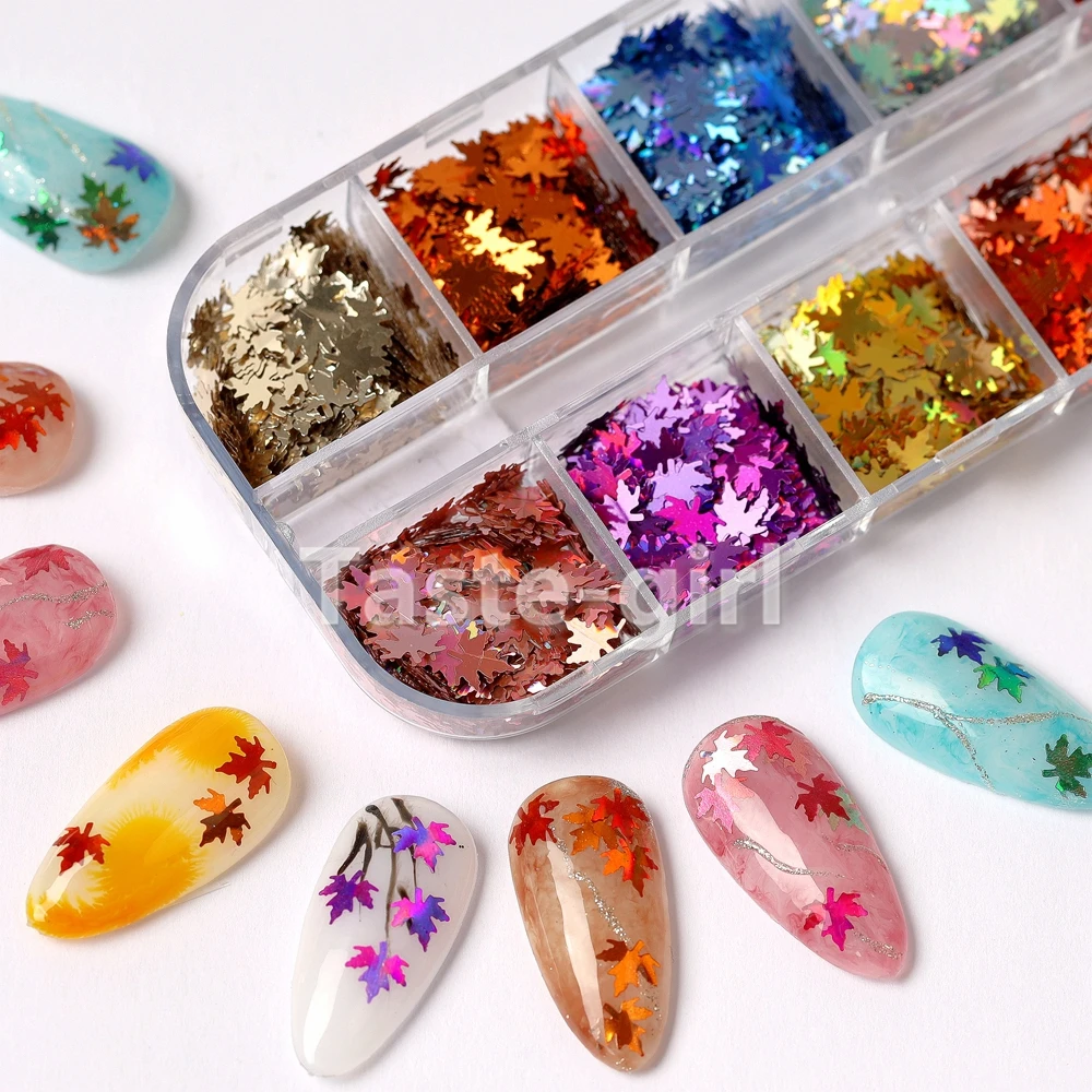 

12 Grids/Set supplies maple leaf holographic glitter nail art decorations sequines decals nails accessories set