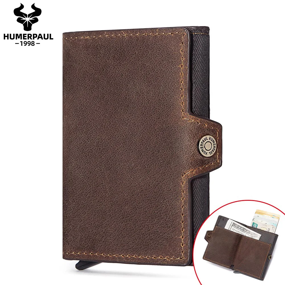 

HUMERPAUL wholesale RFID Blocking pop up small wallet leather card case unisex crazy horse leather leather card holder genuine, Black/coffee/brown/customized