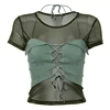 Sexy Mesh Wild T-Shirt Hipsters Lace Up Top Women 2019 Summer Fashion Tees Basic Casual Slim Sheer Tshirt