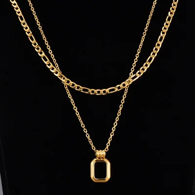 

Jachon New Vintage Double Layered Black Shell Square Necklaces Gold Plated Stainless Steel Square Pendant Necklace