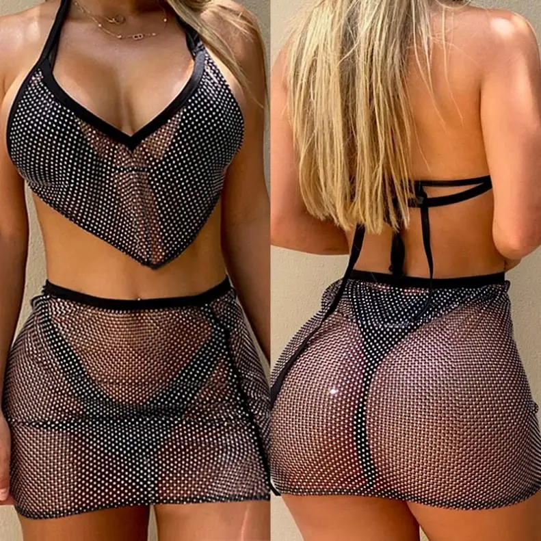 

FREE SAMPLE JHTH 2021 New arrival hot style women two-piece set Sexy solid color see-through sundress set, 2 colors