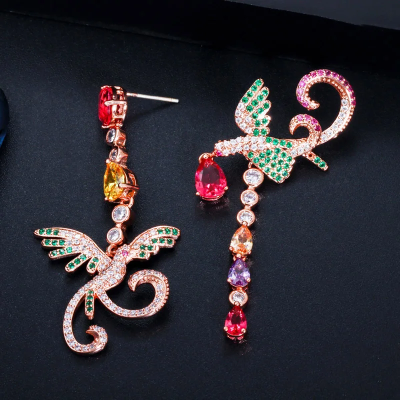 Unique Multi Red Green Cubic Zirconia Rose Gold Plated Long Phoenix Drop Dangle Earrings for Women Wedding Party  Animal Jewelry