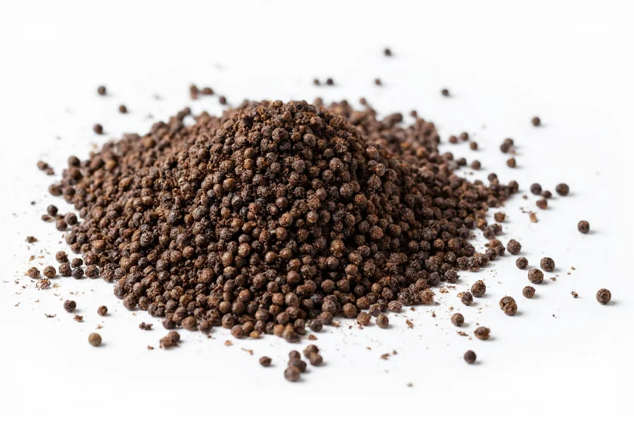 Close-up of coarse ground black pepper granules showing distinct 1-2mm particles on white background