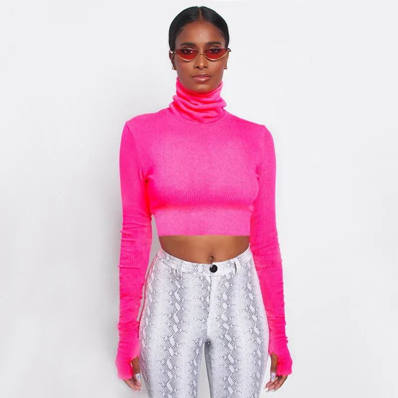 Neon High Collar Camisetas Long Sleeve Bottoming Shirt Slim Short T-Shirt Plain T-Shirts Crop Tops For Women Clothes Wholesale