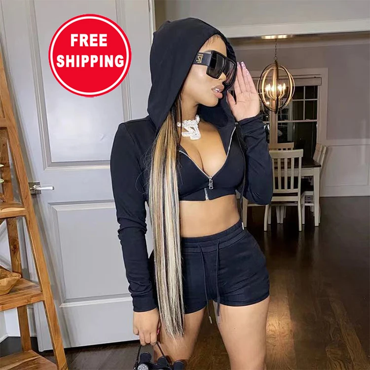 

Amazon Hot Trendy Hoodies Zipper Crop Top & Short Pants 2 Piece Casual Shorts Set, Yellow, orange, black, blue