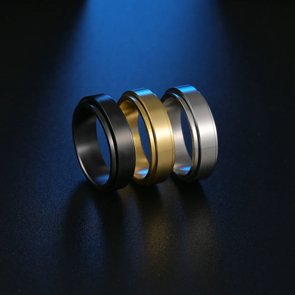 

Punk Jewelry Simple High Quality Black Man Stainless Steel Rotating Rings Boys, Gold &silver