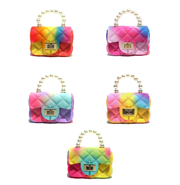 

2021 New Hot Lady Bags Colorful Jelly Purse Rainbow Cute Small Handbag Pvc Chain Mini Shoulder Bags, 5colors