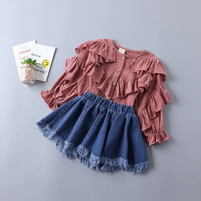 

Toddler Girl Clothing set Infant long sleeve ruffled solid shirt Tops and denim skirt set clothing for kids, Picture shows