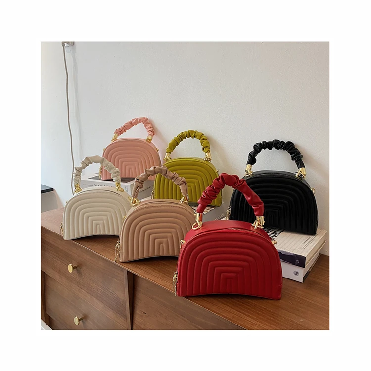 

Ladies Red Shell Buns Leather Bag Half Round Female Thread Messenger Tote Ruched Chain Women Shoulder Bags Women's Handbags