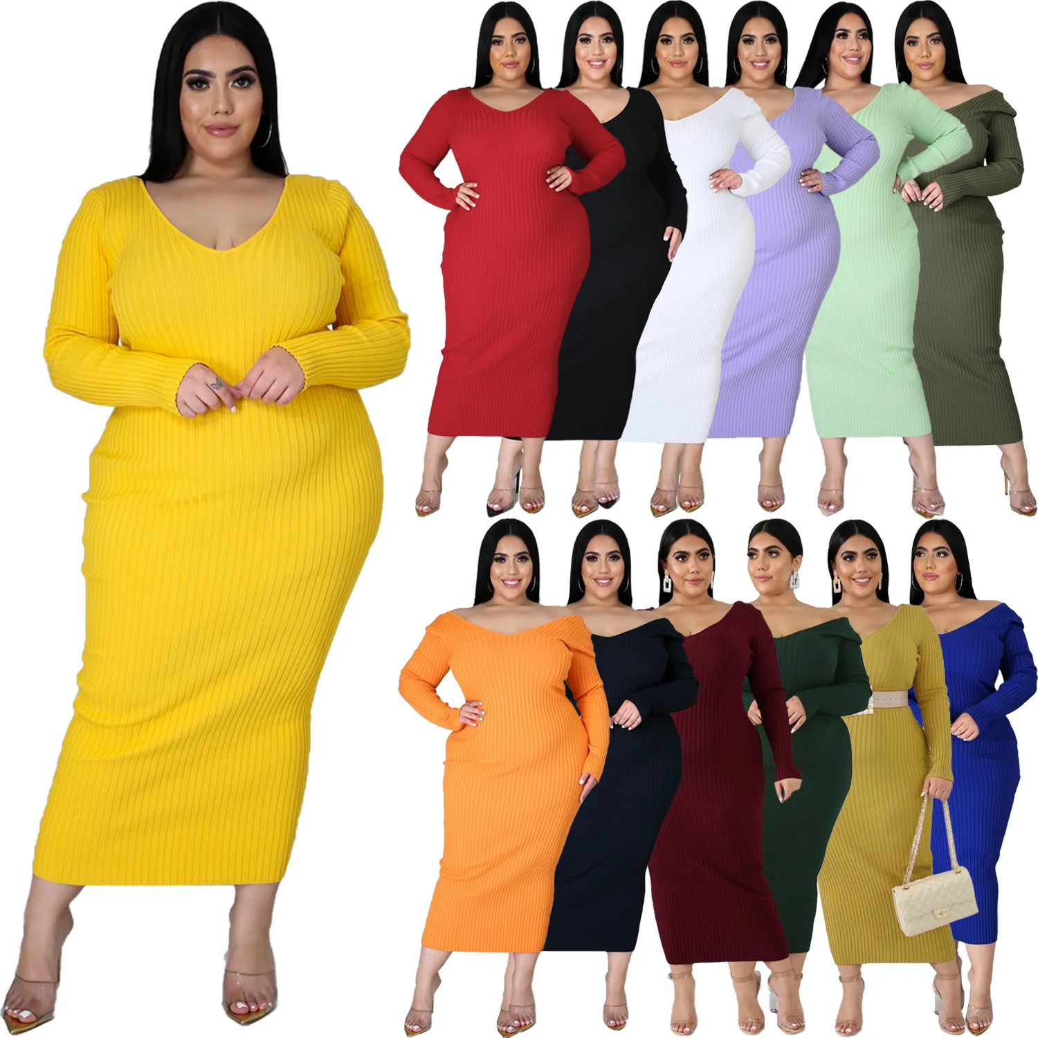 

Stylish Casual Maxi Winter Dress Plus Size Bodycon Big V Neck Clothing Women Long Sleeve Plain Maxi Dresses Casual Long Dresses