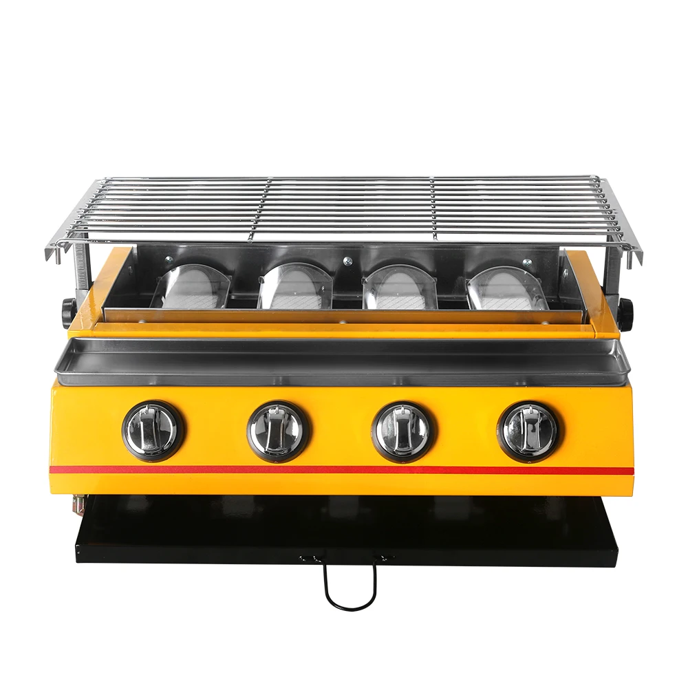 

GZKITCHEN Commercial 4 Burners LPG Gas BBQ grill Picnic Barbecue Cooker Glass/Stainless Steel Cover Smokeless Home Garden, Yellow