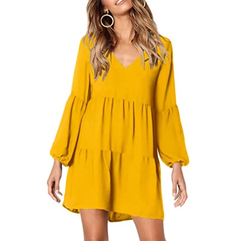 

Summer Casual Lantern Long Sleeve Loose V Neck Swing Pleated Shift Dress Women, Customized color