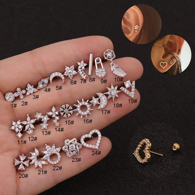 

2021 New gold plated zirconia flower love heart star moon leaf eye stainless steel stud earring jewellery for women 2020 jewelry