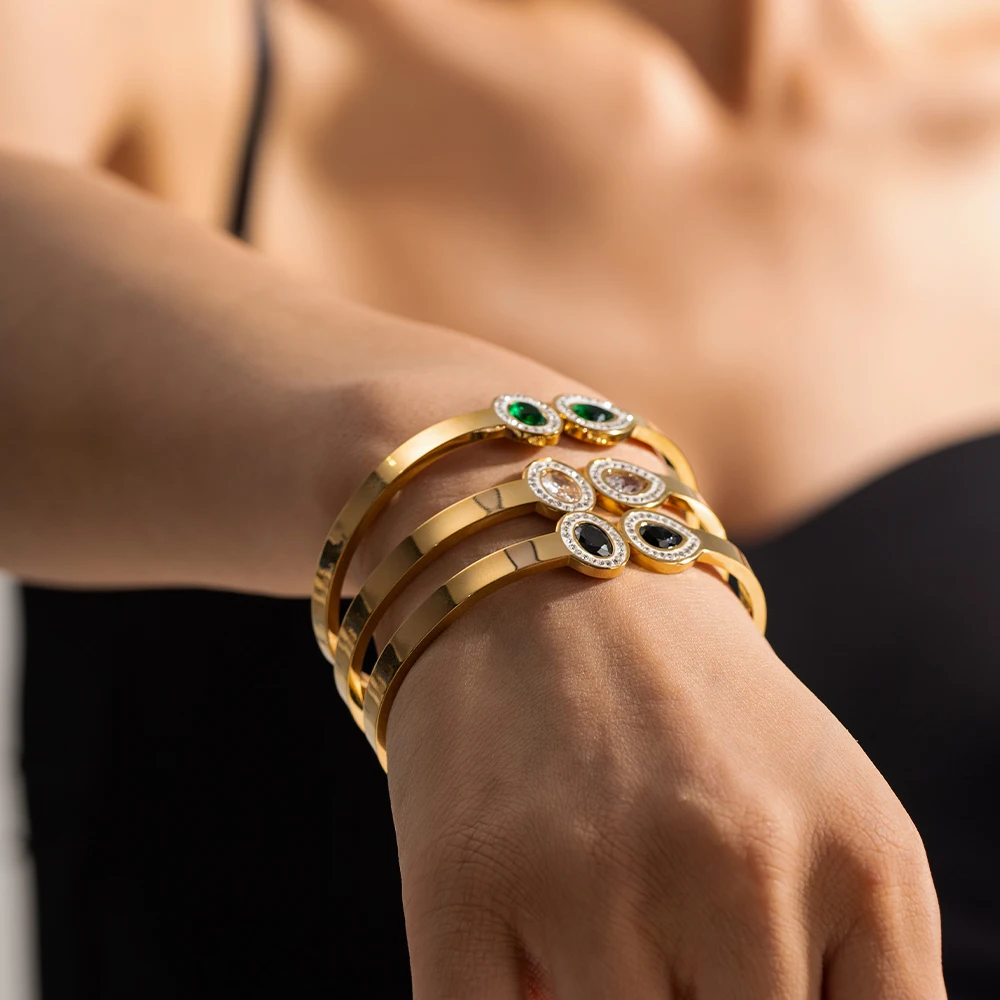

Droplet shaped oval multiple colors zircon 18k gold-plated stainless steel sunspicems bracelet for women