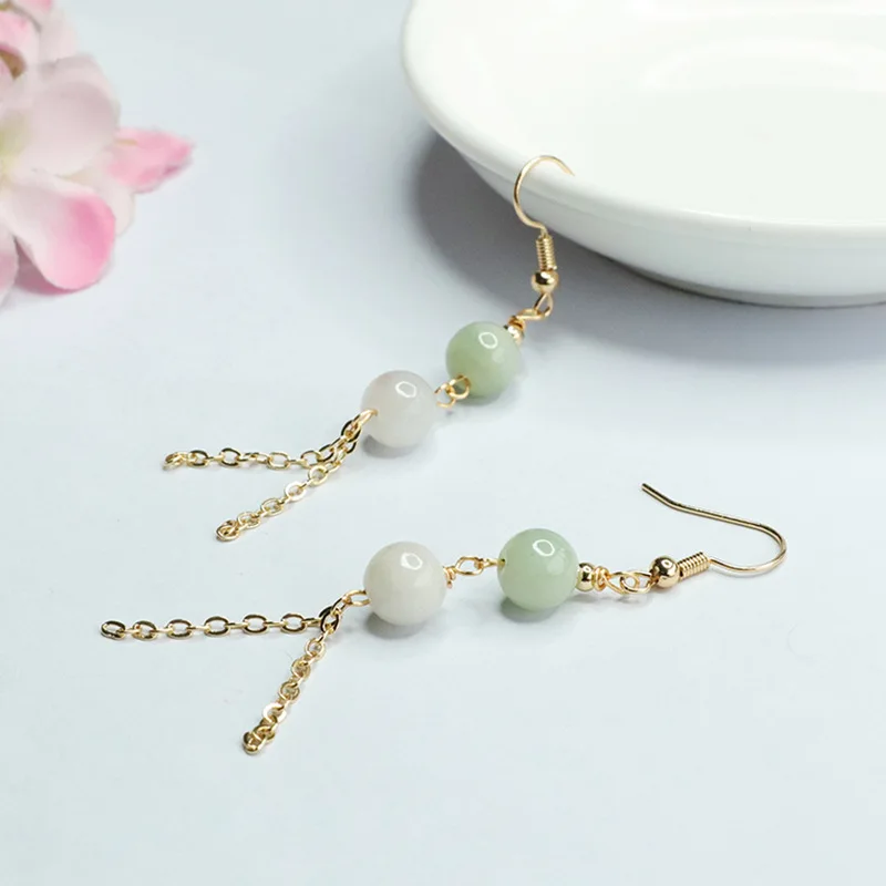 

JYZ Natural A Cargo Jade Earrings Jade Double Beads Tassel Ear Hook Female Factory Wholesale Delivery FC3040107