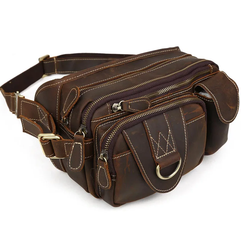 

TIDING Brown Men Custom Logo Vintage Large Capacity Genuine Crazy Horse Leather Waist Belt Bag Outdoors Fanny Pack For Men, Customized color