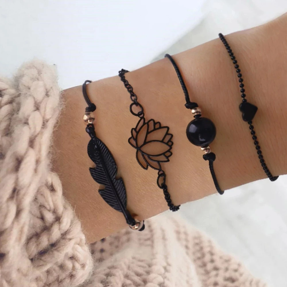 

2021 New Fashion 4 Pieces Gothic Black Feather Lotus Bracelet Set Heart-shaped Charm Bohemian Bracelet Ladies Wrist Chain Bracel