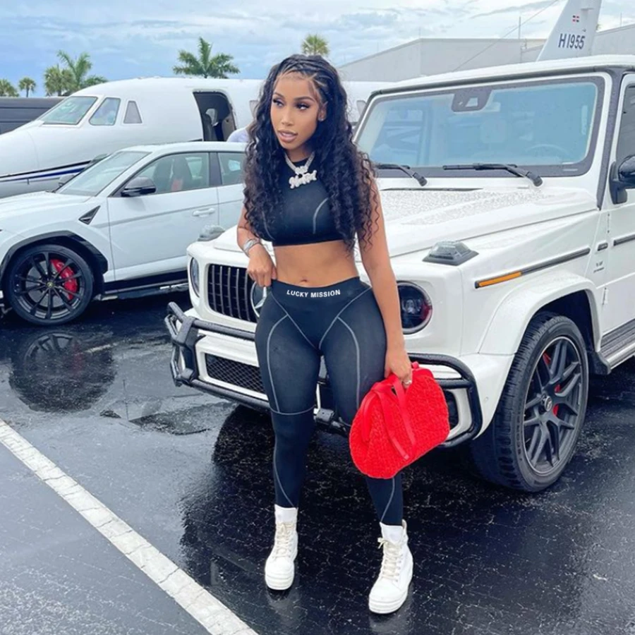 

Kliou K21S05113 Sleeveless Crop Top Letter Elastic Waist Women Clothing Two Piece Pants Set