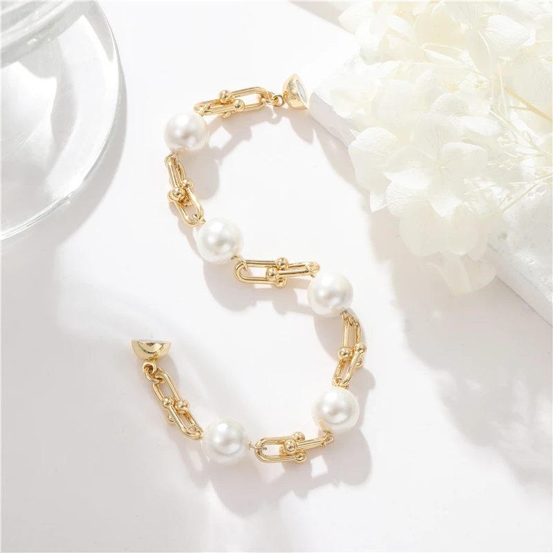 

Fashion Women Jewelry Pearl U-shaped Horseshoe Bracelet Designs 14K Gold Plated Link Bangles