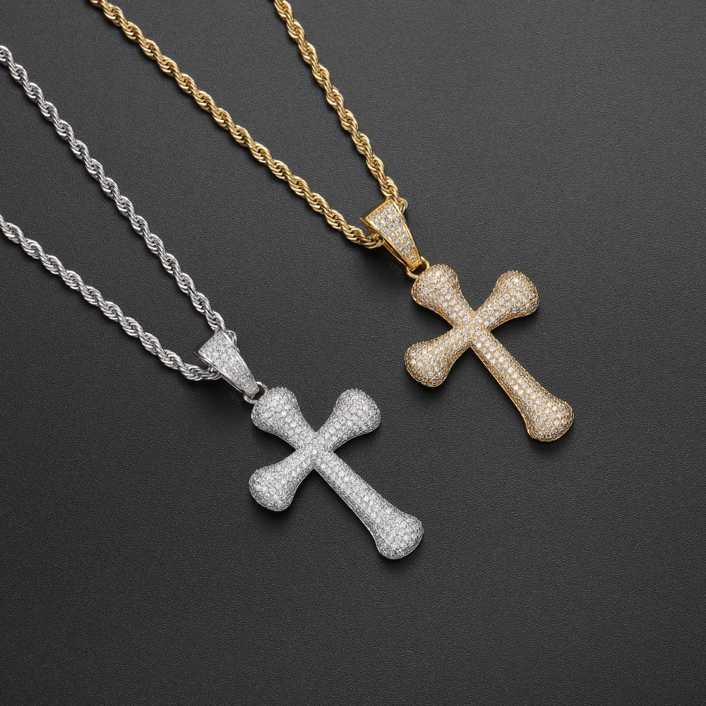 

CN373 Bling Bling Brass Setting CZ Hip Hop Cross Necklace Iced out Jewelry