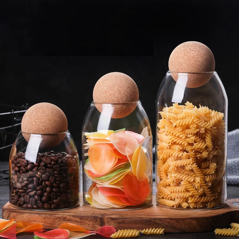 

Wholesale Factory borosilicate storage Canister glass jar Kitchen Storage Canister Jars with Cork Ball Stopper, Clear