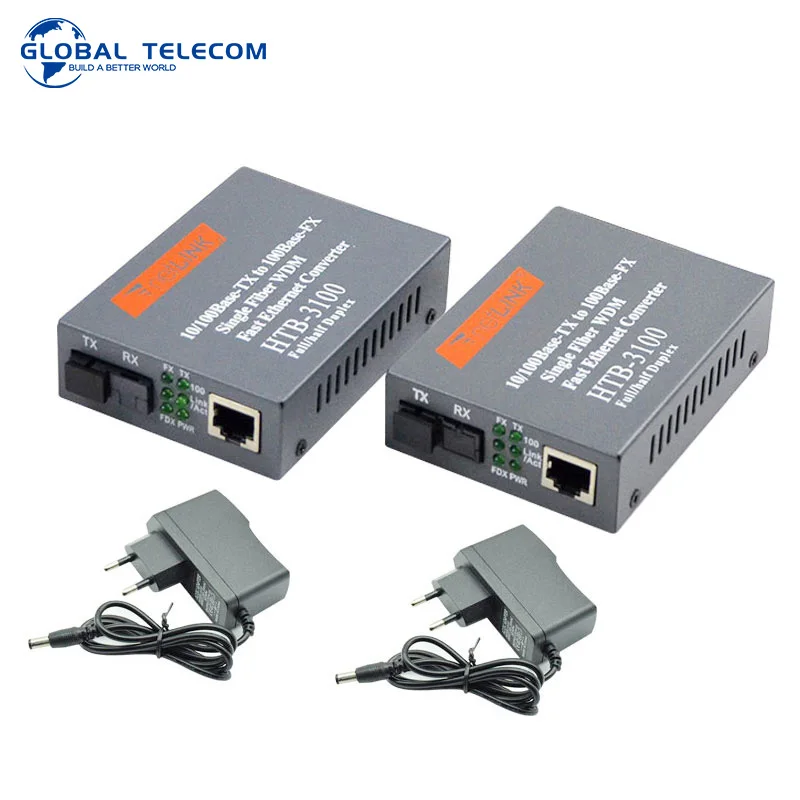 2x HTB-3100AB 100M 25KM Simplex Fiber Optic to RJ45 Ethernet Media Converter 