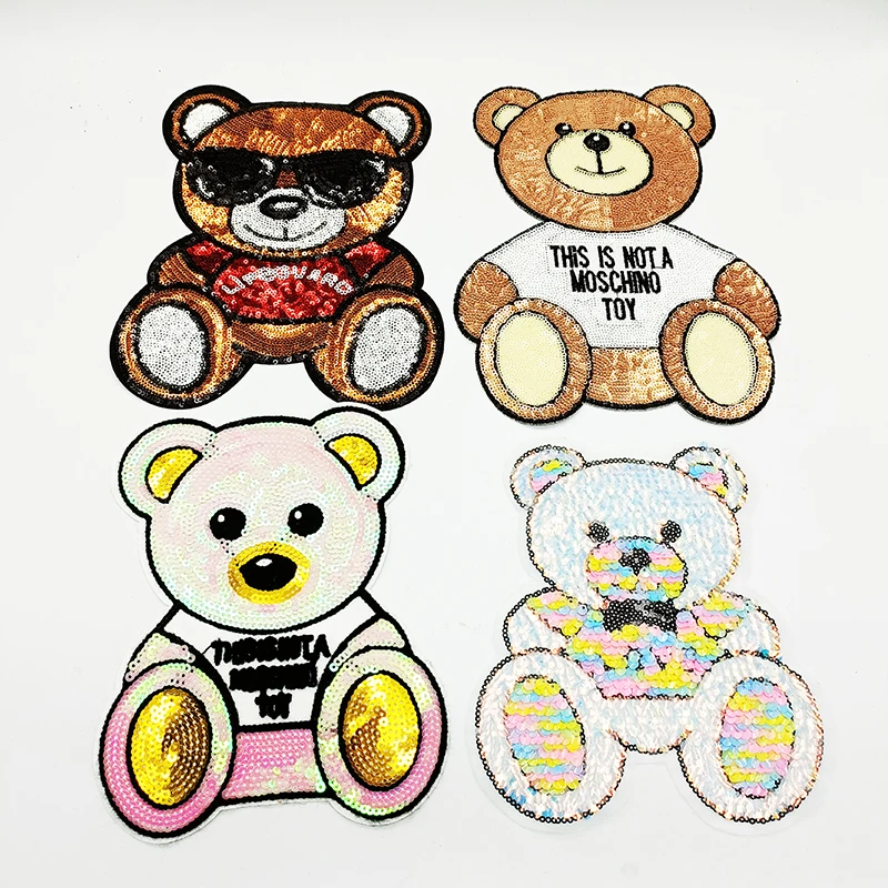 

Wholesale colorful sequin embroidered patch bear logo iron on sewn on sequin embroidery applique patches for clothing