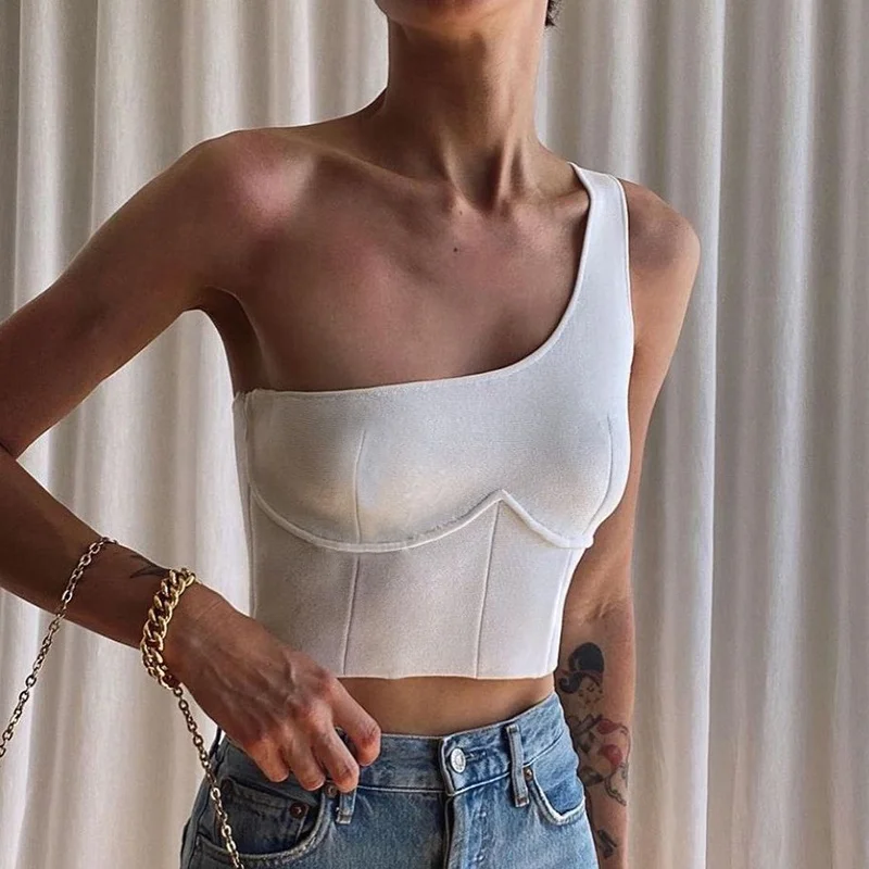 

Wholesale Price 2021 Fashion Solid Color Slash Collar Basic Crop Top Women Casual Sleeveless Ladies One Shoulder Crop Tank Top, White,black