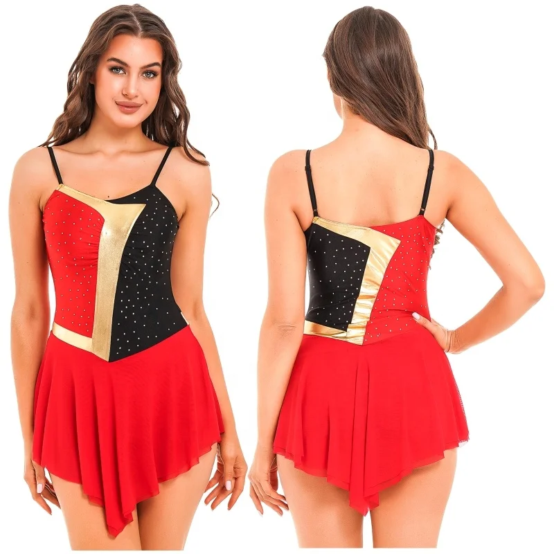 

Womens Figure Skating Dance Performance Costume Glitter Rhinestone Color Block Dress Adjustable Spaghetti Straps Leotard Dresses