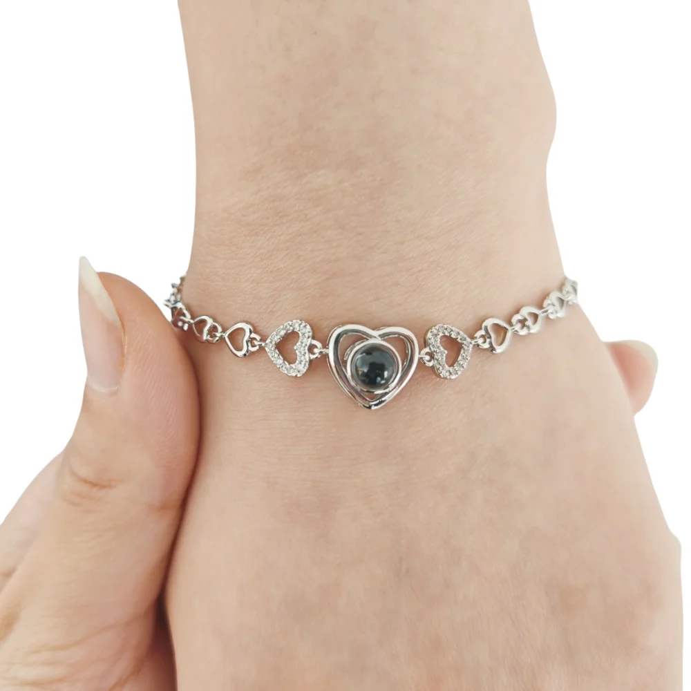 Qiuhan Girlfriend Gift Customized Photo Love Heart Pendant Projection Stone Hollow Heart Chain Bracelet Valentine's Day Gift