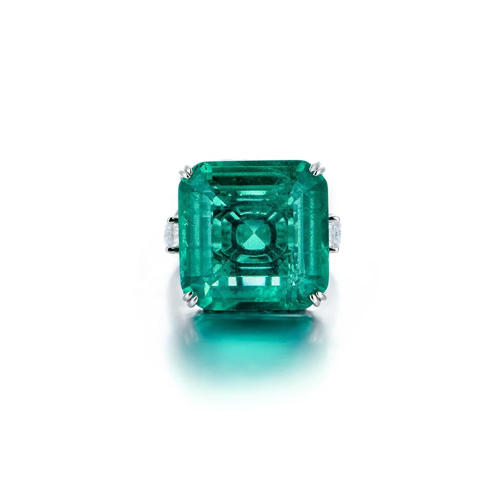 Luxury 925 Silver Plated Platinum Cultivated Emerald Ring Women Fine Jewelry
