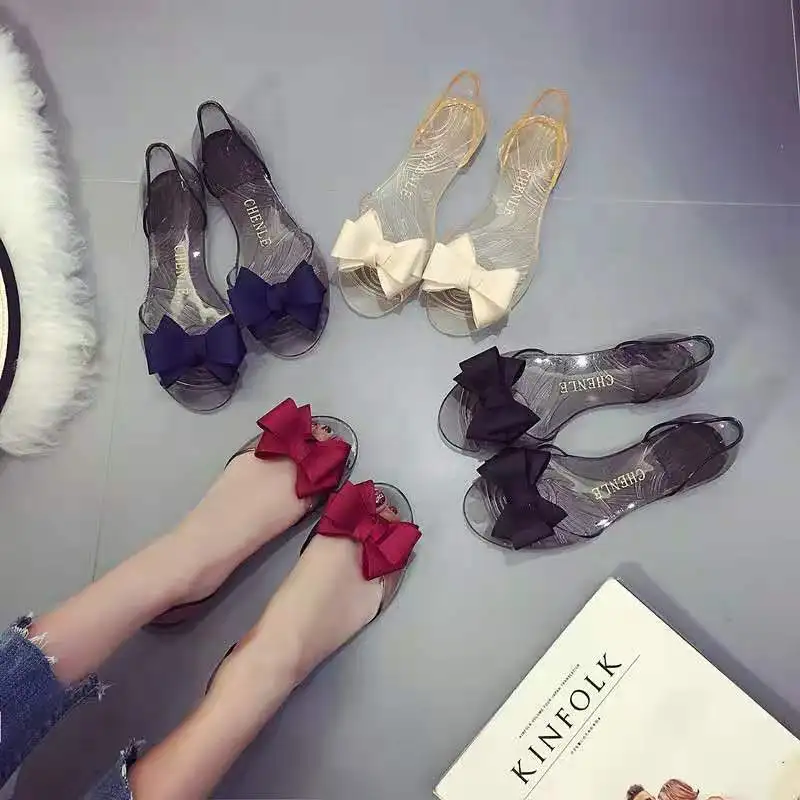

2021 Hot sale New Model Women Fancy Transparent Bowknot Open Toe Slip On Jelly Flat Sandals Girls Summer Sandals, Black,blue,red, 1