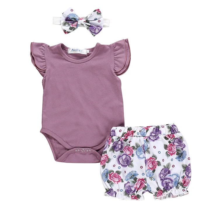 

Sublimation purple Baby Rompers Crawling Clothes with hair band Jumpsuit floral short pants ruffle baby outfits