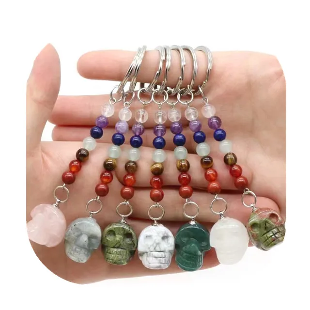 

crystals healing gemstone accessories natur colorful 7 chakra mixed quartz crystal skulls key chains for gift