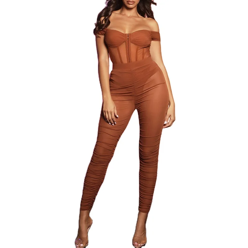 

women two piece pants set mesh see through two piece bodysuit set 2021