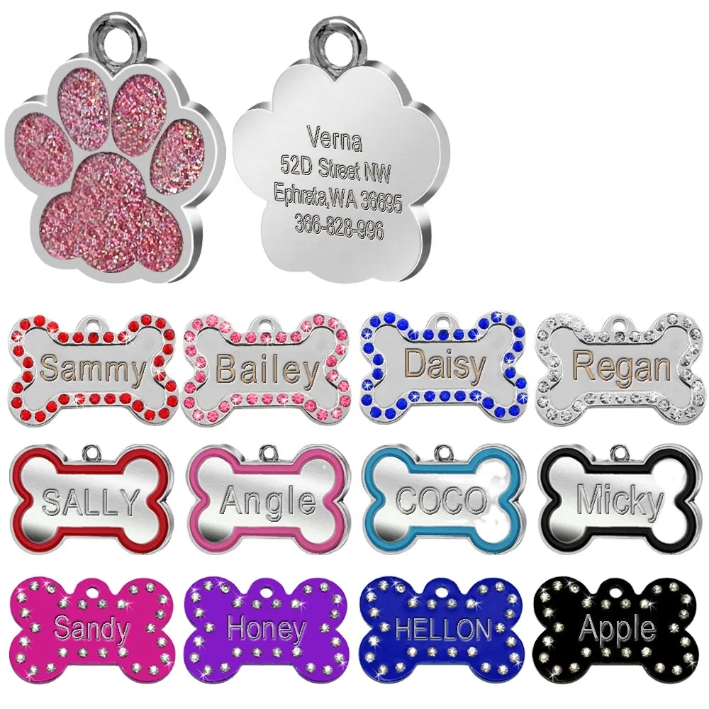 

Engraved Pet Dog Tags Personalized Cat Puppy ID Name Collar Tag Bone Paw Collar Accessories, Custom color