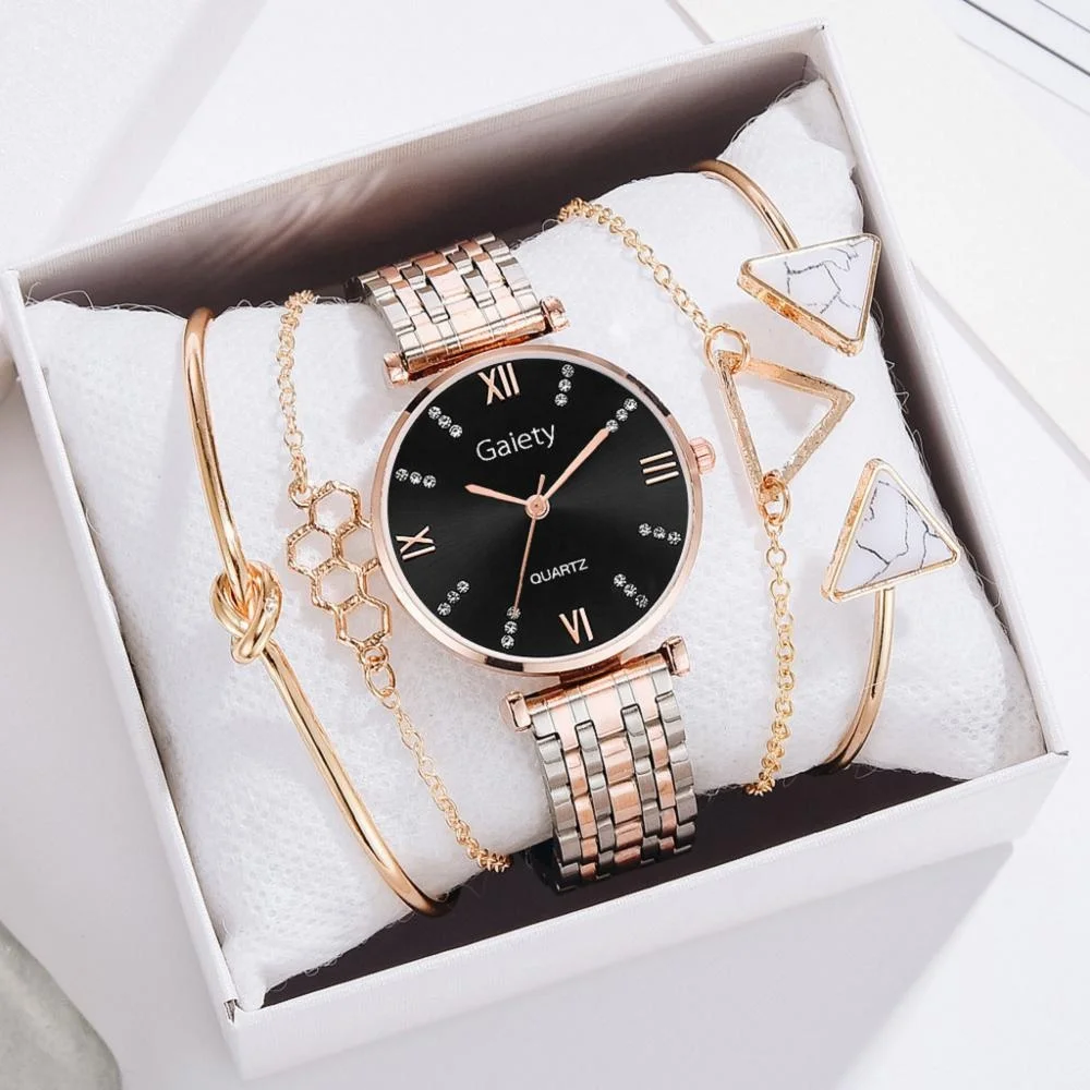 

6034 Watch + bracelet+Box Women Luxury Crystal Diamond Rose Gold Ladies Wrist Watches set, 4 different colors as picture