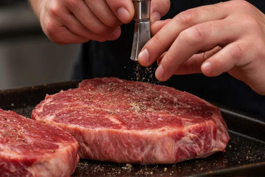 Chef's hands seasoning a steak with salt and freshly ground black pepper before cooking