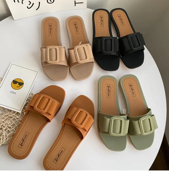 

112306 New Style Women Slipper Slides Outdoor Beach Slippers Bow Flat Sandals, Green, black, apricot,brown