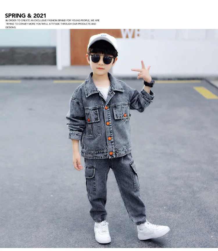 

Hot Sale Boys Dark Gray Denim Jacket Pant 2PCS/Set Big Kids Denim jacket Jeans For Age 4-12 years