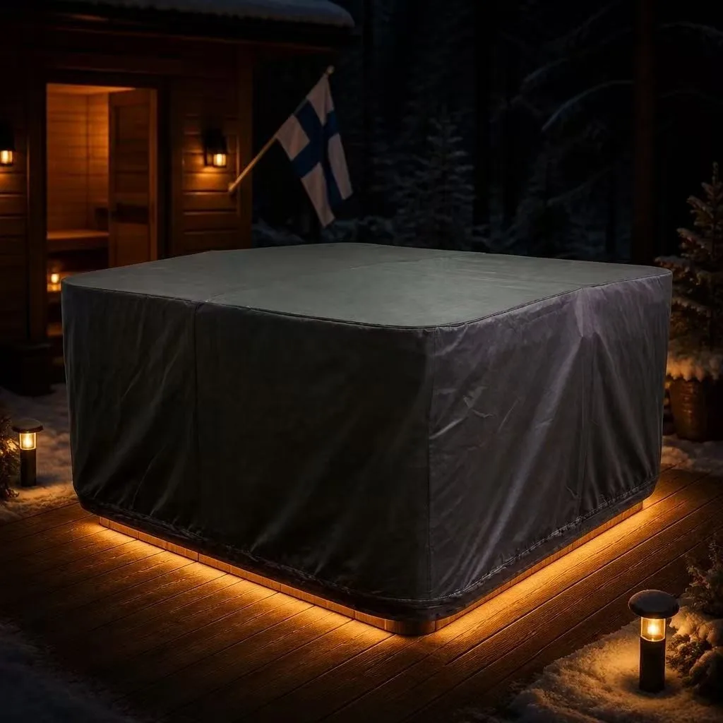 Covered hot tub beside a Finnish sauna cabin at night, snow on the ground