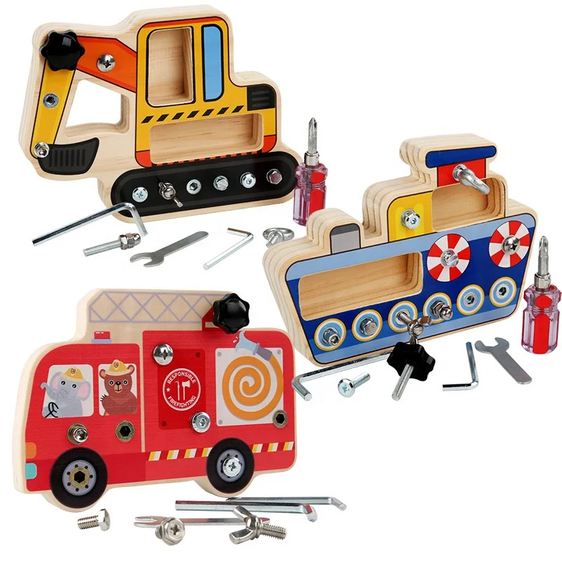 

Kids Educational Assembly Wooden Vehicle Fire Truck Excavator Ship Screwdriver Nut Tool Busy Board Screw Toy