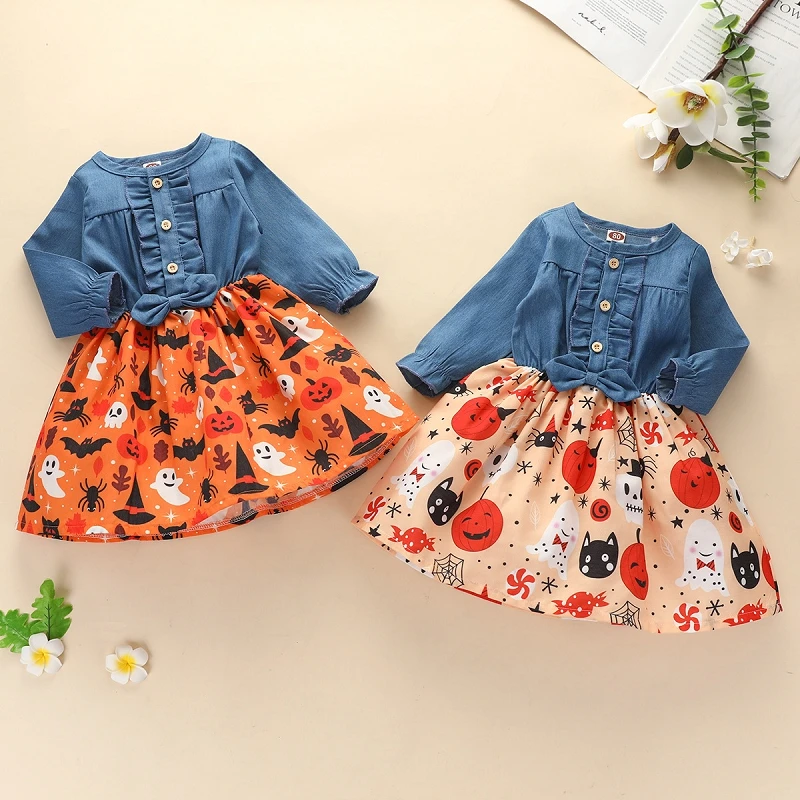 

Halloween Thanksgiving baby princess dress denim long sleeve pumpkin Turkey print dresses for boutique girls clothing M170