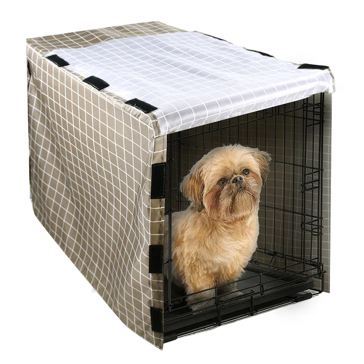 

Hot Selling Durable Waterproof Dustproof Windproof Sunproof Snowdefence Dog Crate Cover with Hook & Loop Tabs, Plaid gray &plain black