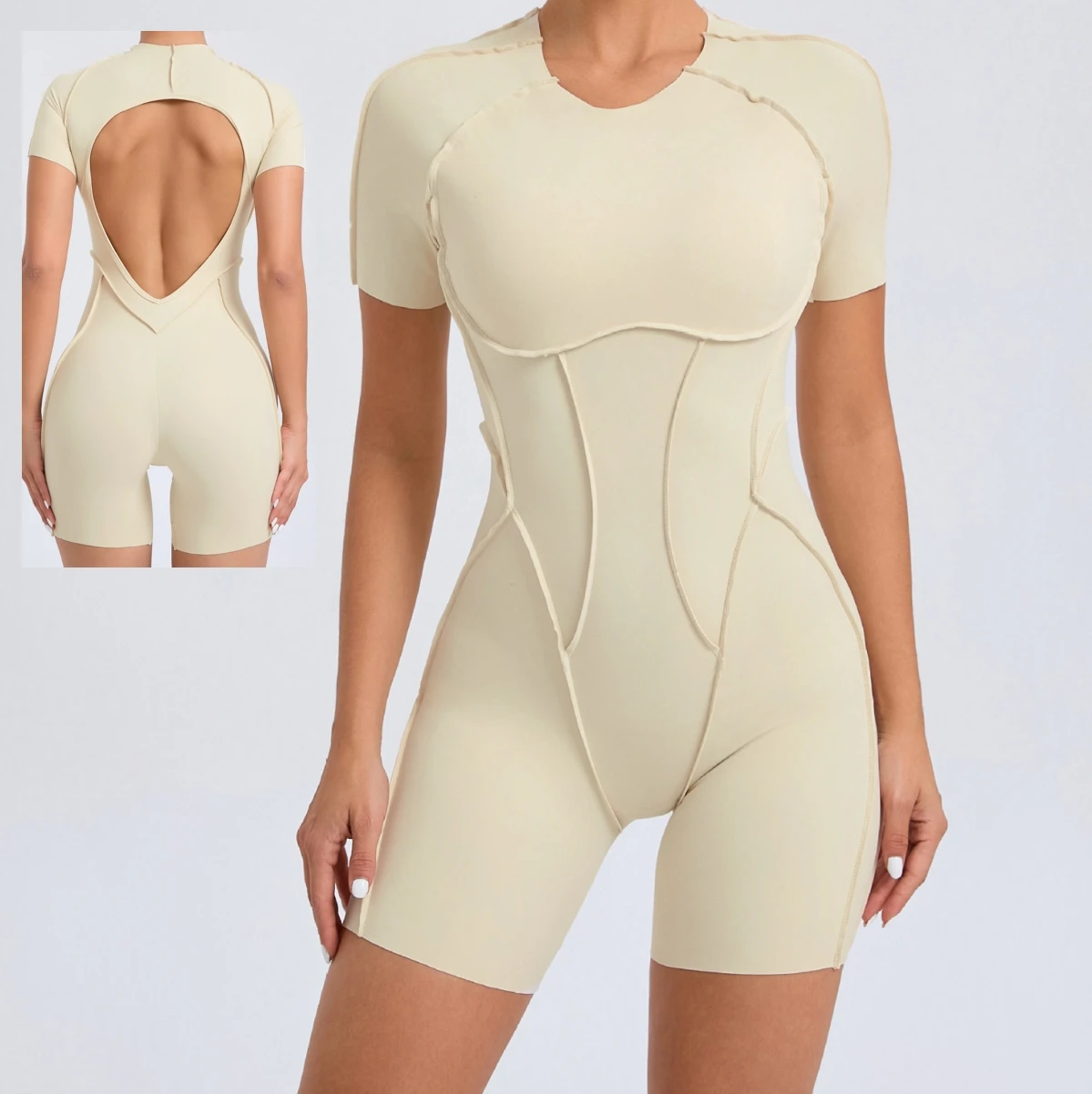 Blue 2025 Women's Gym Sports Bodysuits & Jumpsuit Short Sleeve Backless Three-Dimensional Splicing Design New Neck Playsuits