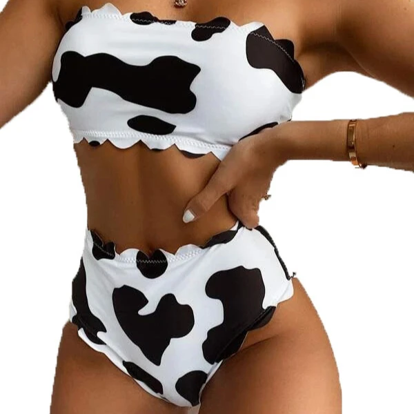 

High Waist Bikini Set 2021 Cow Print Swimwear Women Swimsuit Bandeau Bikinis Female Bathing Suit Biquini Beachwear, Black and white