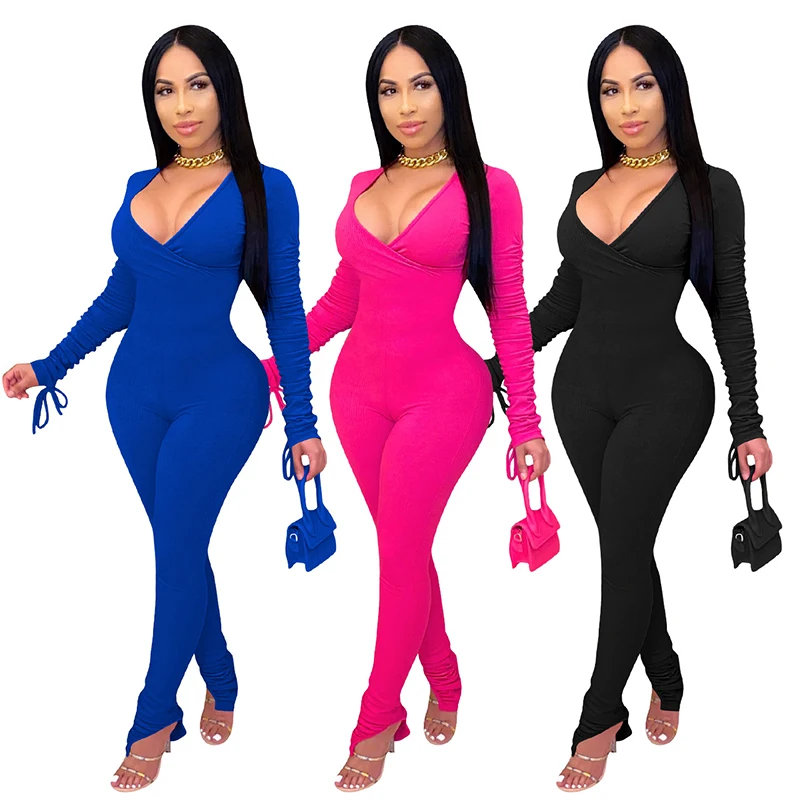 

Wholesale ladies solid color long sleeve spring deep v neck women 2021 bodycon jumpsuit