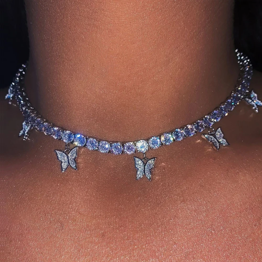 

New tennis chain with, crystal butterfly charm gold plated choker iced out bling hip hop women necklace set/, Picture