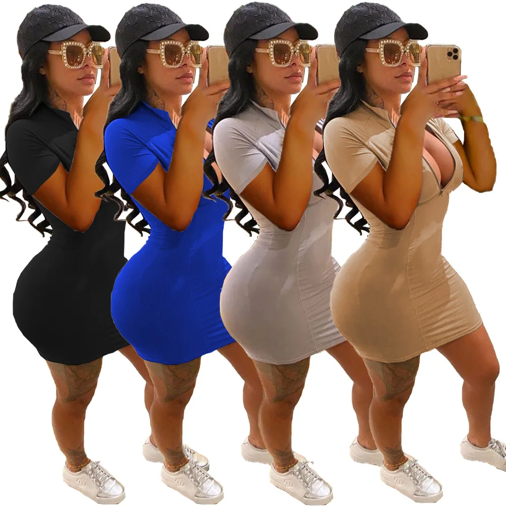 

Wholesale plus size solid color zip up top womens casual dress short sleeve bodycon dress slim fit, As picture